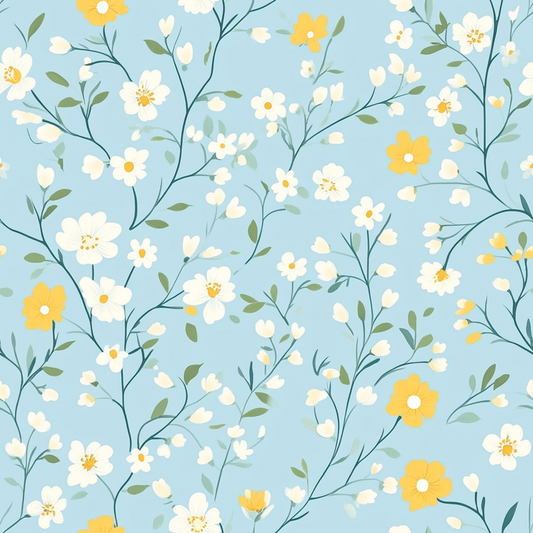 Floral pattern with yellow and white flowers on light blue background.