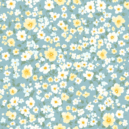 A pattern of small yellow and white flowers with green leaves on a light blue background.