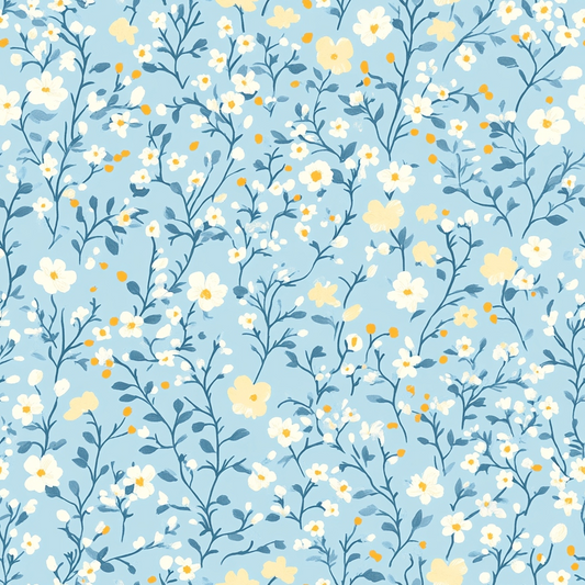 A detailed floral pattern with blue and yellow flowers and leaves on a light blue background.