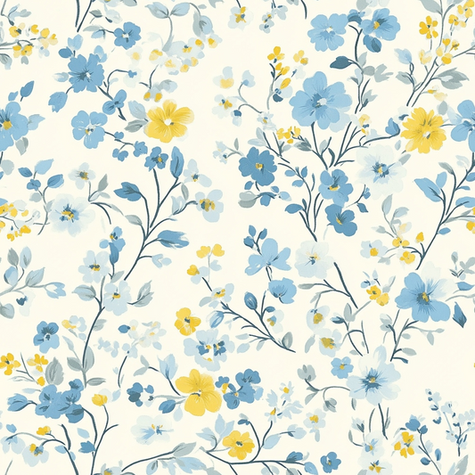Pattern of blue and yellow flowers with green leaves on a light background.