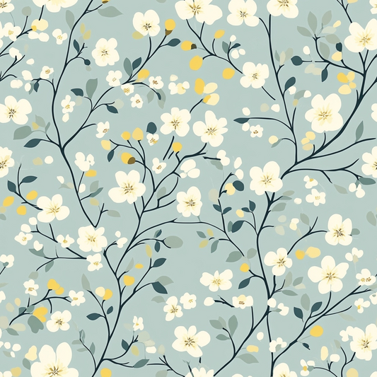 Floral pattern with white and yellow flowers and dark green leaves on a light blue background.