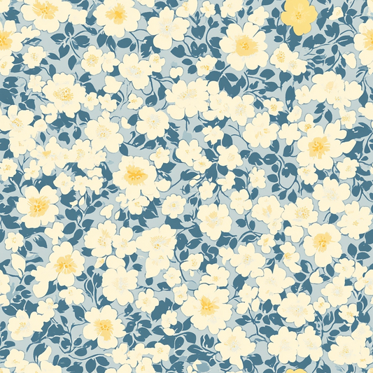 A pattern of cream and yellow flowers with green leaves on a light blue background.