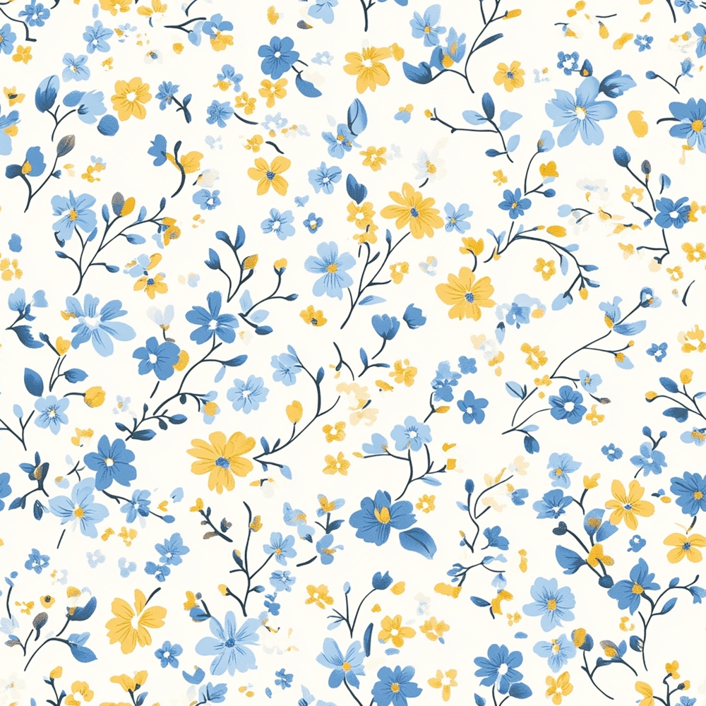 blue flowers, yellow flowers, floral pattern, delicate blooms, scattered flowers, botanical design, small flowers, branching stems, cottagecore aesthetic, pastel colors, cream background, vintage style, quilting cotton, fabric panel, garden flowers, soft blues, golden yellow, whimsical pattern, romantic florals, ditsy print