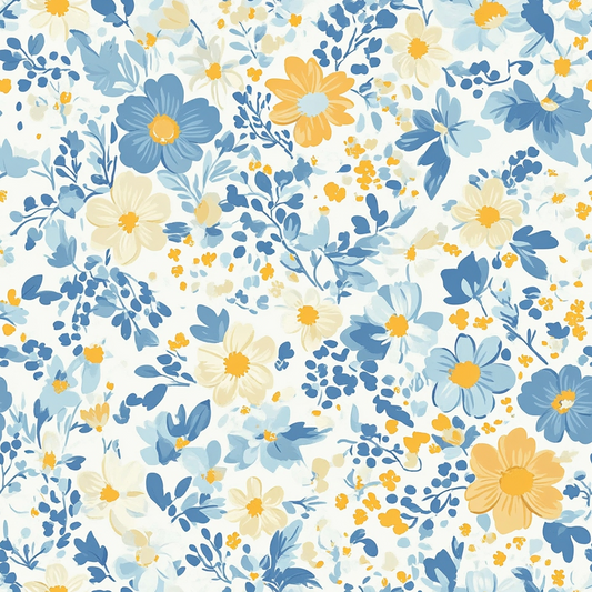 Pattern of blue, yellow, and white flowers with green leaves on a light background.