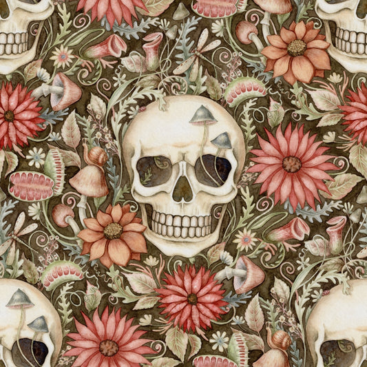 Pattern of skulls, mushrooms, flowers, and leaves arranged in a repeating design on a dark background.
