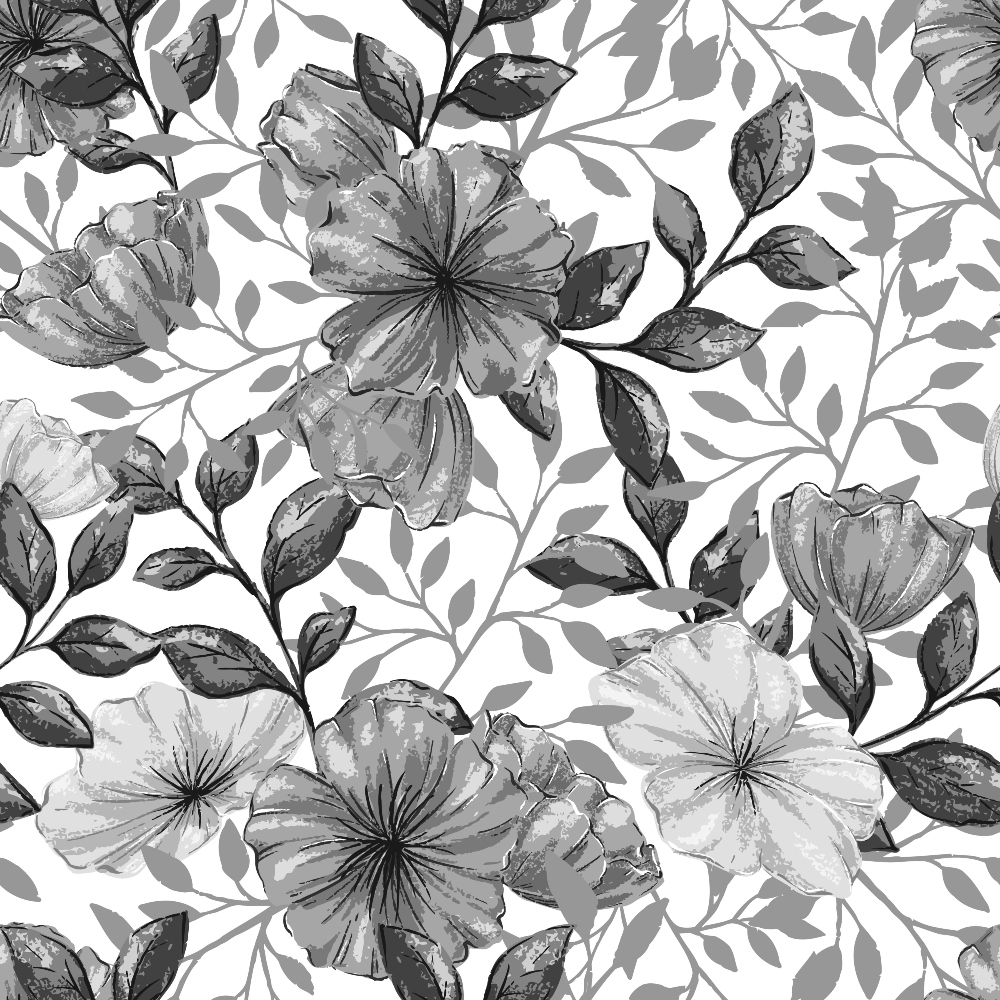 A grayscale floral pattern featuring large hibiscus flowers and leaves, arranged densely on a white background.