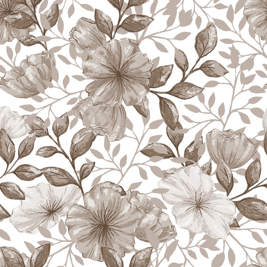 A seamless pattern of sepia-toned flowers and leaves on a white background, showing intricate details and an elegant design.