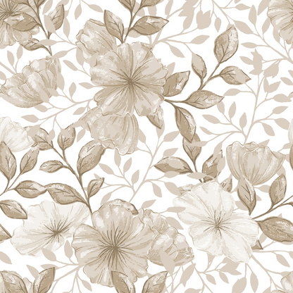 Floral pattern with large beige flowers and leaves on a white background.