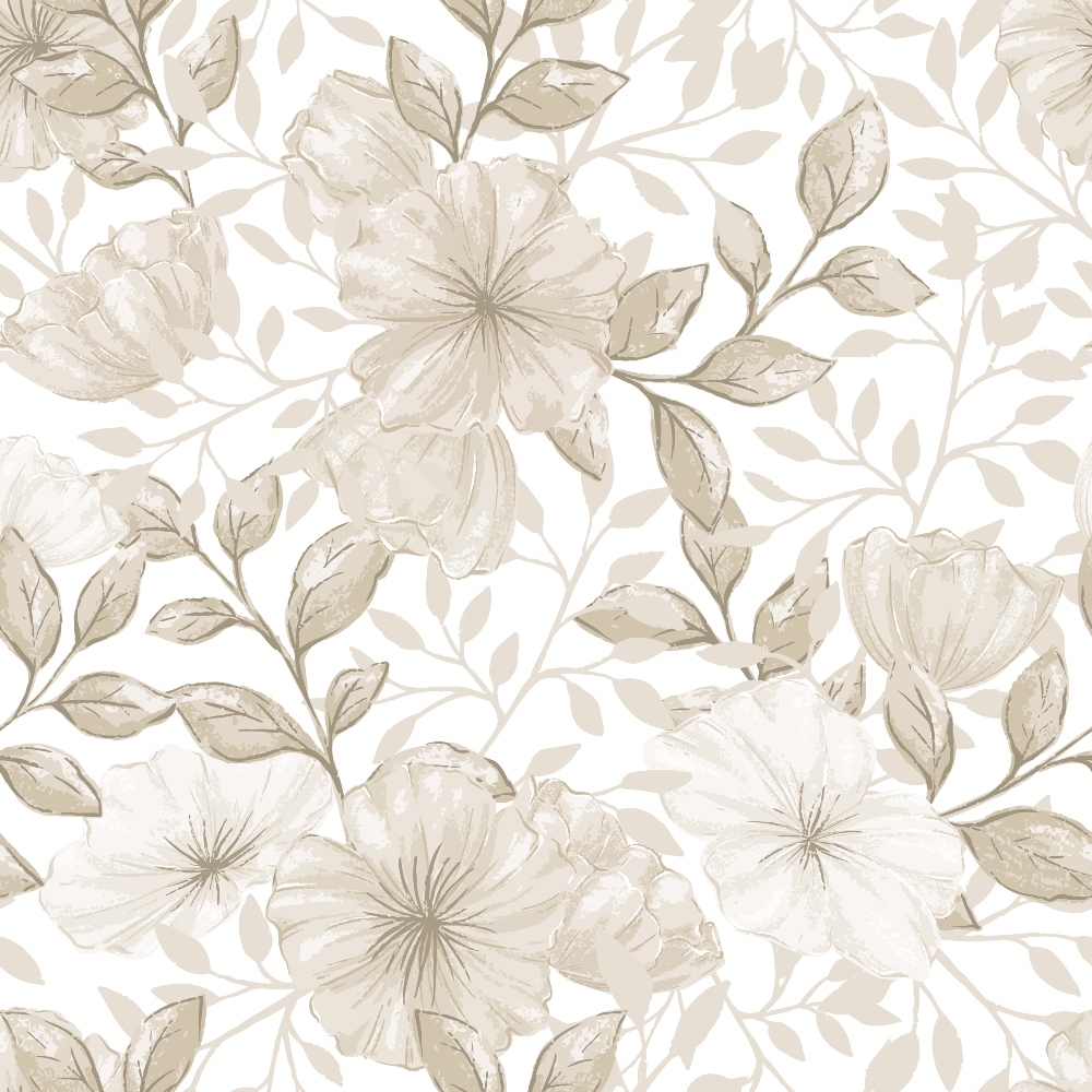 Floral pattern with beige flowers and leaves on a white background.