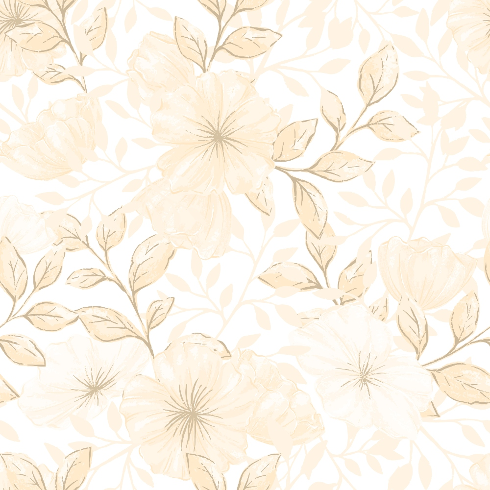 Beige floral pattern with large flowers and leaves on a light background.