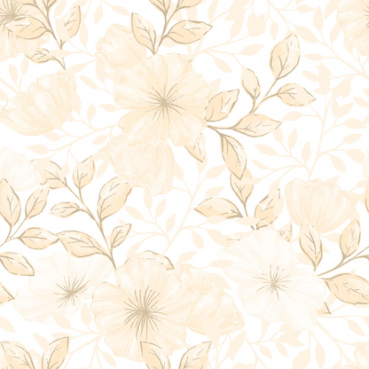 Beige floral pattern with large flowers and leaves on a light background.