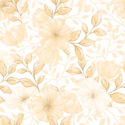 Patterned background with beige floral illustrations on a white base, featuring flowers and leaves in a seamless design.