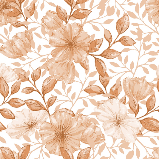 Floral pattern with beige flowers and leaves on a white background.