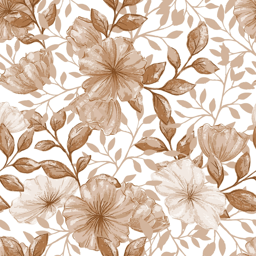 Floral pattern with large beige flowers and brown leaves on a white background.