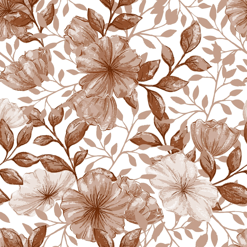 A seamless pattern of brown and white flowers with leaves on a white background.