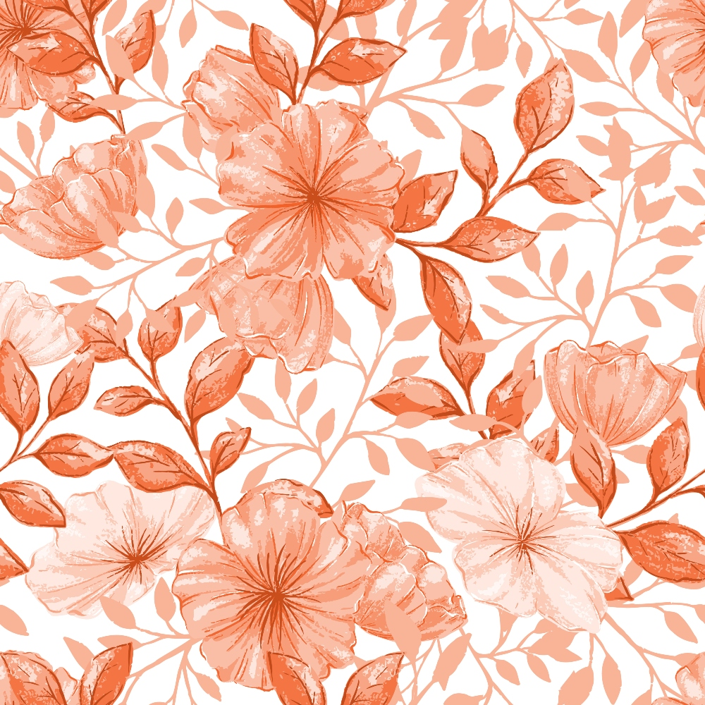 Pattern of orange and white hibiscus flowers with leaves on a white background.