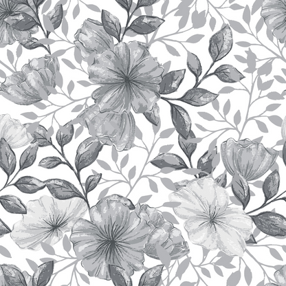 Grayscale floral pattern with large, detailed flowers and leaves on a white background.