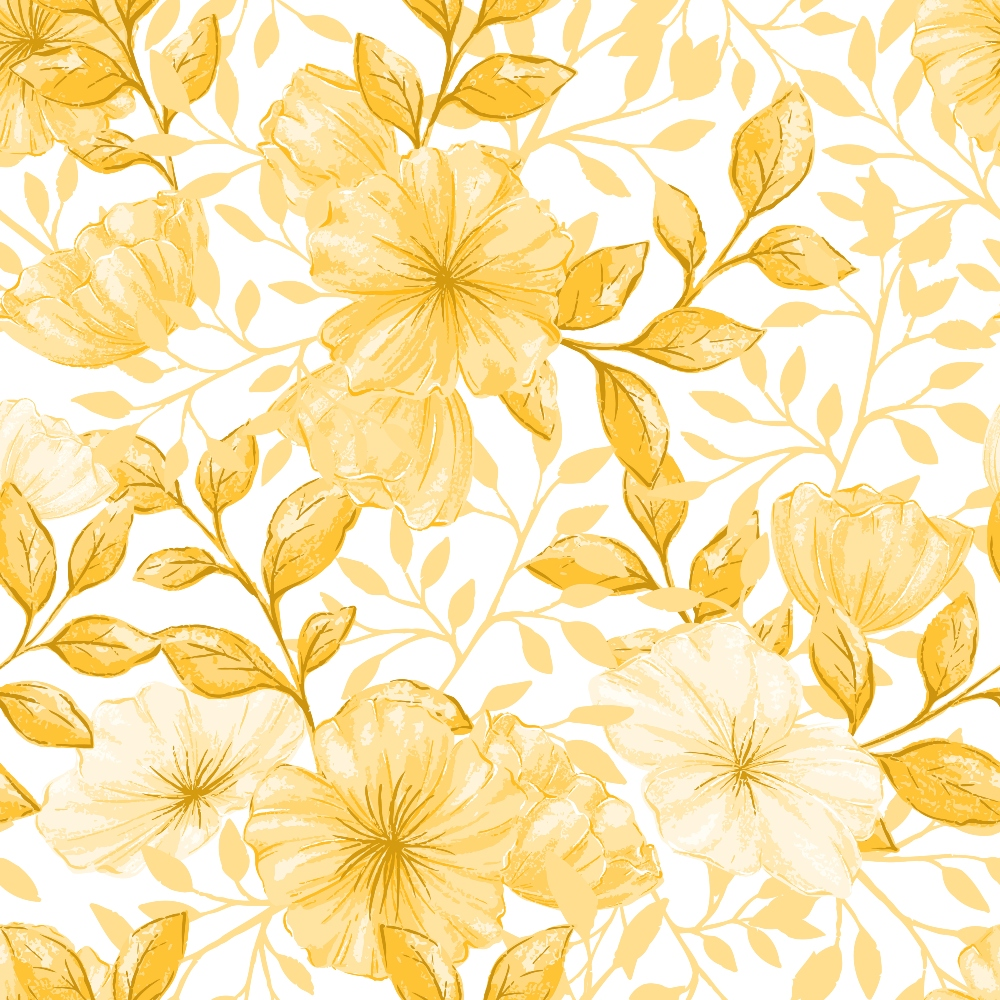 Pattern of yellow and beige flowers with green leaves on a white background.