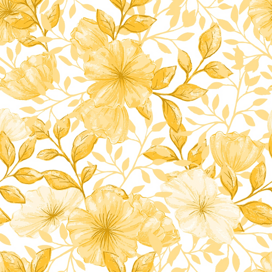 Pattern of yellow and beige flowers with green leaves on a white background.