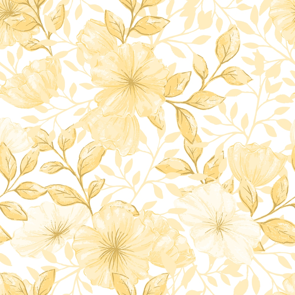 A seamless pattern of yellow and white flowers with detailed leaves on a white background.