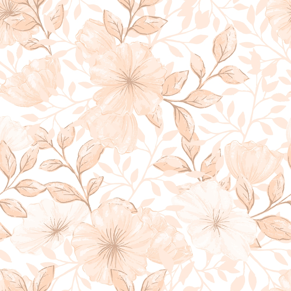 Floral pattern with beige flowers and leaves on a white background, featuring detailed veining and subtle shading.