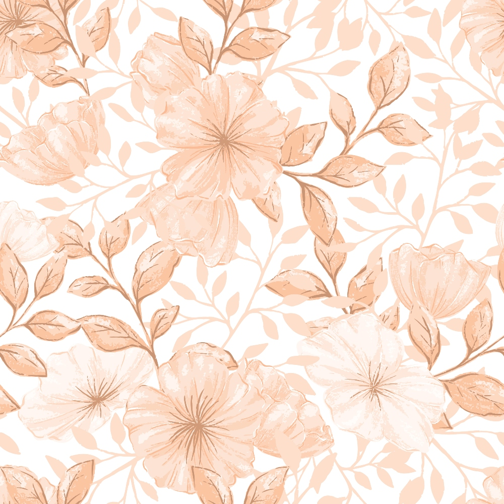 Patterned background with beige and light brown flowers and leaves on a white surface.