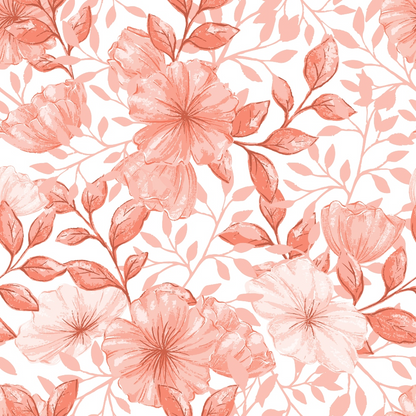 Pattern with pink and white flowers and leaves on a white background.