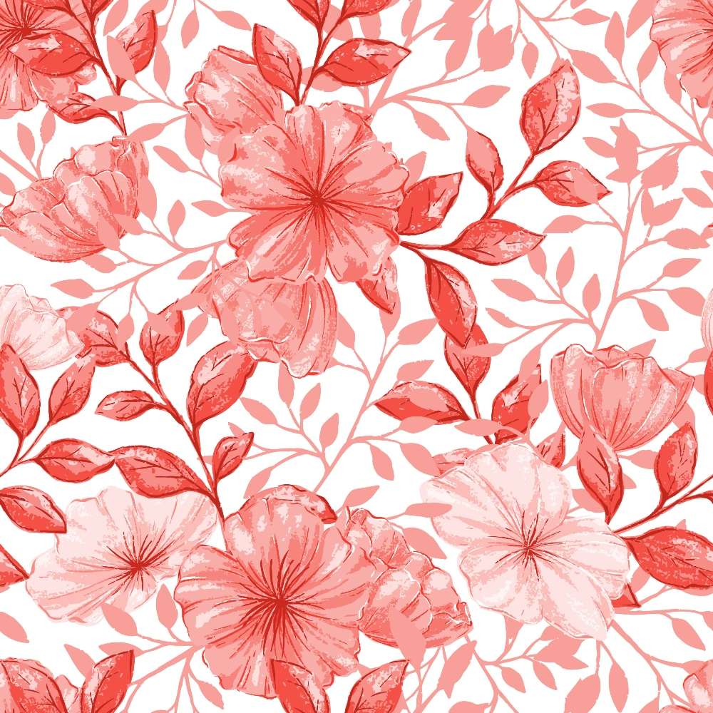 Red and pink floral pattern with large flowers and leaves on a white background.