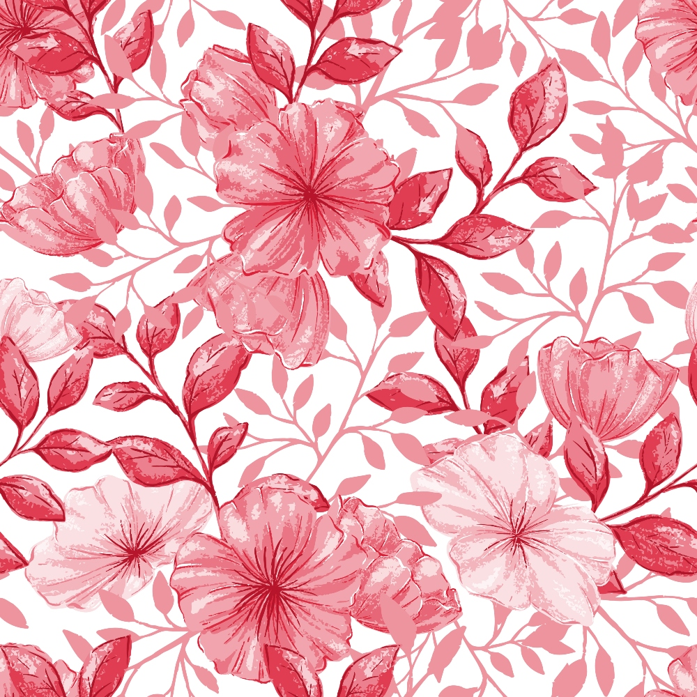 Red and pink floral pattern with leaves on a white background.