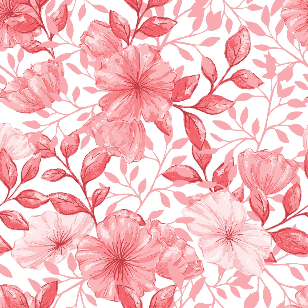 Pattern of red and pink flowers with leaves on a white background.