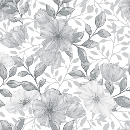 Monochrome floral pattern featuring large blooming flowers and leaves on a light background.