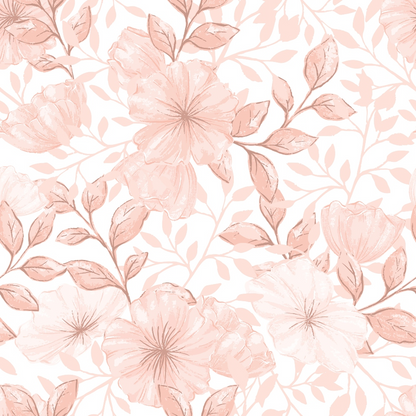 Pattern of light pink flowers and leaves on a white background.