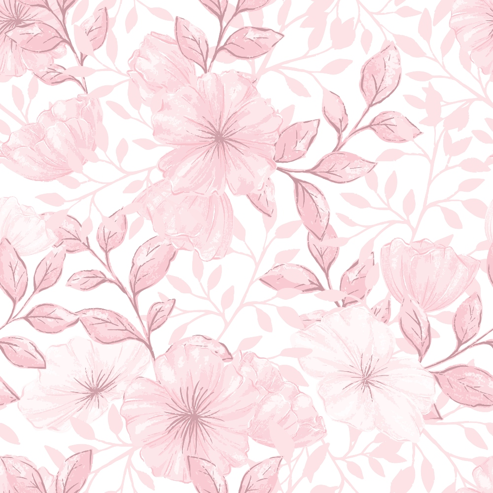 Pink and white floral pattern featuring large flowers and leaves on a light background.