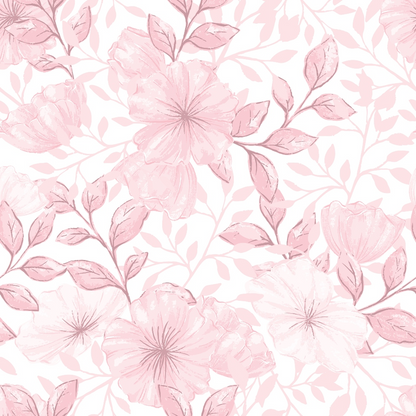 Pink and white floral pattern featuring large flowers and leaves on a light background.