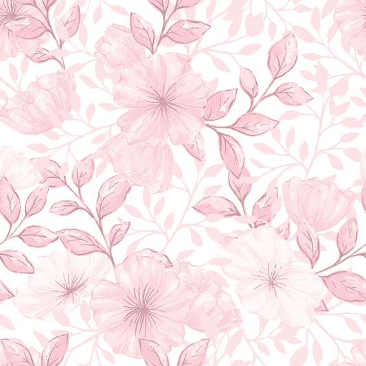 Pink and white floral pattern featuring large flowers and leaves on a light background.