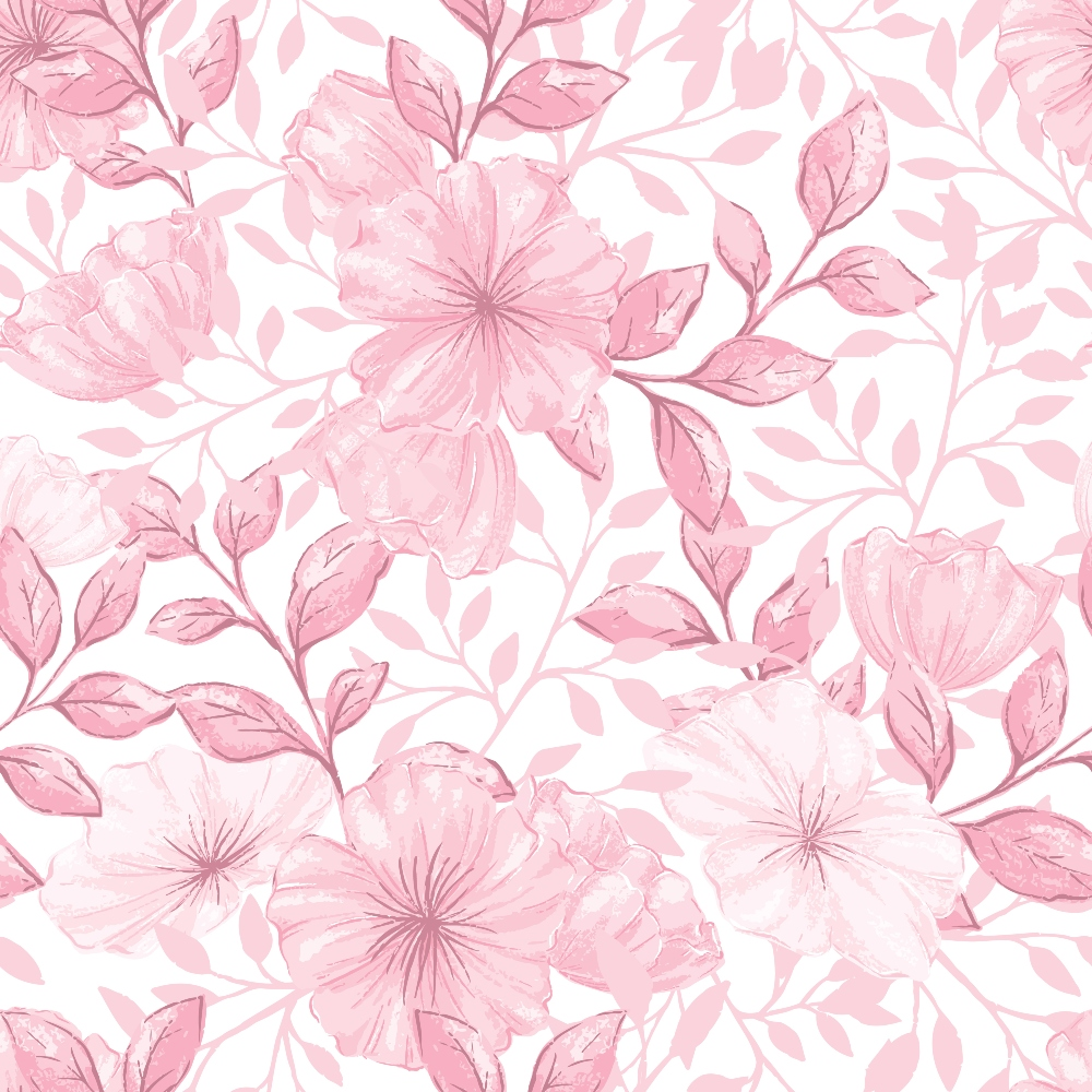 Pink floral pattern featuring large flowers and leaves on a white background.