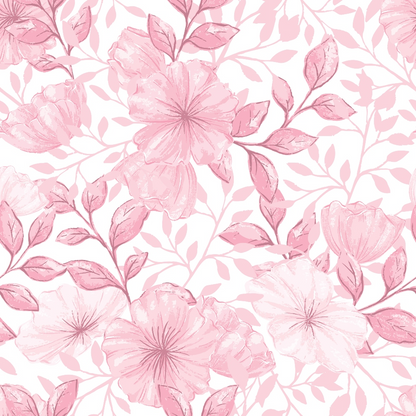 Pink floral pattern featuring large flowers and leaves on a white background.