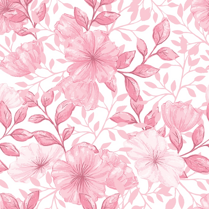 Floral pattern featuring pink flowers and leaves on a white background.