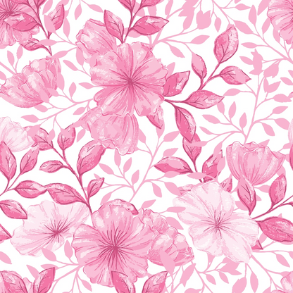 Pink floral pattern with large, light pink flowers and dark pink leaves on a white background.