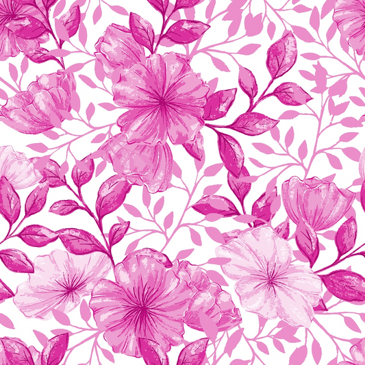 Pink floral pattern with various shades of pink flowers and leaves on a light background.