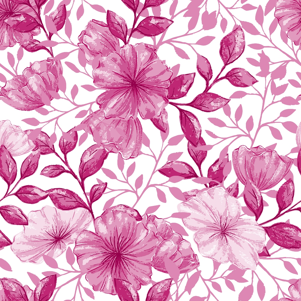 pink flowers, magenta blooms, rose petals, floral pattern, botanical design, watercolor style, cotton fabric, quilting panel, seamless repeat, tropical flowers, hibiscus blossoms, leafy vines, feminine colors, soft pastels, garden theme, spring motifs, delicate artwork, textile print, crafting material, sewing fabric