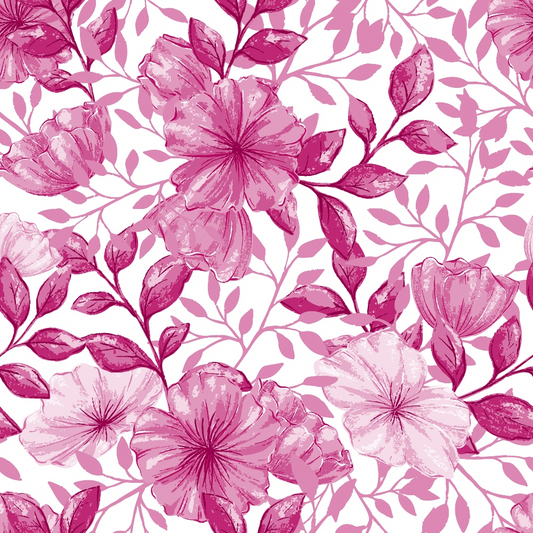 A pattern of large pink flowers with leaves on a white background.