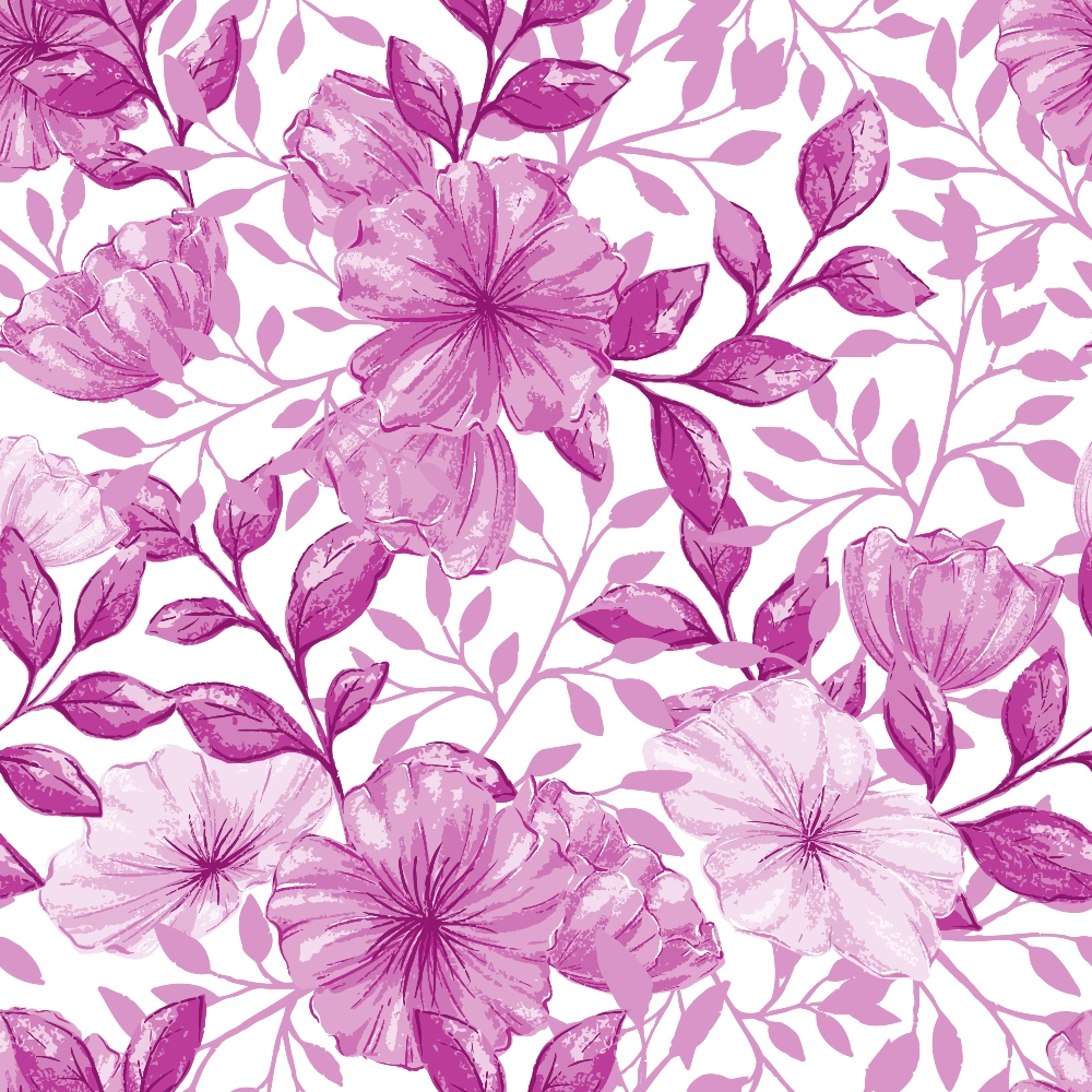 Pink and purple floral pattern with large blossoms and leaves on a white background.