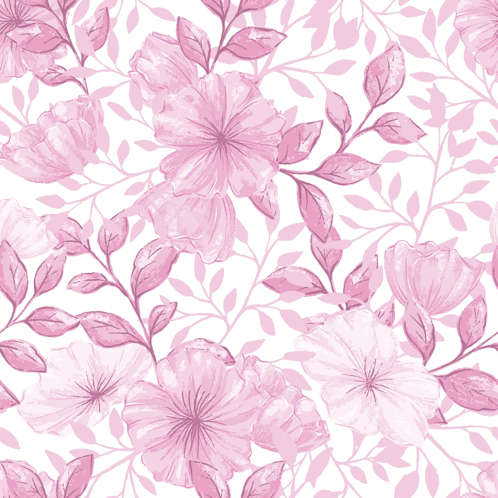 pink, mauve, rose, floral pattern, flowers, leaves, botanical, watercolor style, soft pastel, delicate, feminine, seamless repeat, quilting cotton, fabric panel, romantic, nature motif, blooming flowers, leafy branches, gentle artwork, spring theme
