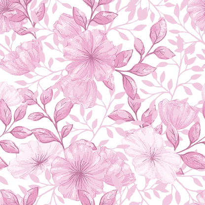 pink, mauve, rose, floral pattern, flowers, leaves, botanical, watercolor style, soft pastel, delicate, feminine, seamless repeat, quilting cotton, fabric panel, romantic, nature motif, blooming flowers, leafy branches, gentle artwork, spring theme