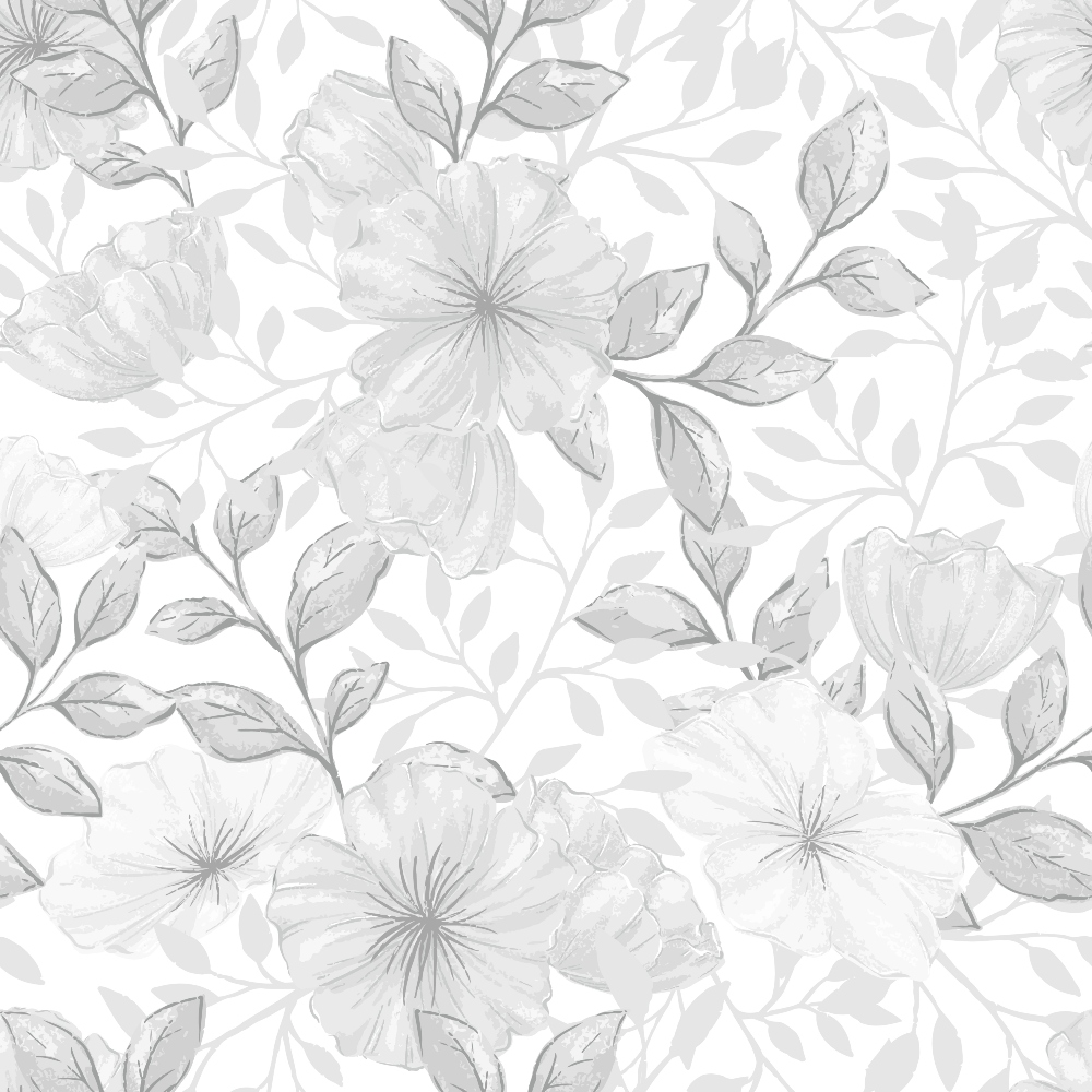 Black and white floral pattern with large flowers and leaves densely covering the surface.