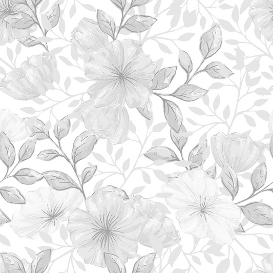 Black and white floral pattern with large flowers and leaves densely covering the surface.