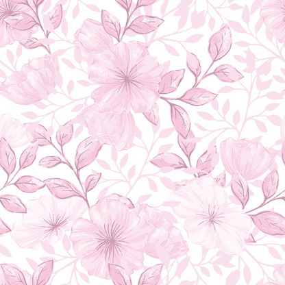 pink flowers, floral pattern, soft pink, blush pink, pale pink, botanical design, delicate flowers, leaves and stems, romantic style, feminine design, quilting cotton, fabric panel, seamless repeat, watercolor style, gentle mood, spring flowers, country flowers, cotton fabric, crafting material, sewing fabric