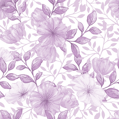 lavender, purple, lilac, mauve, floral pattern, watercolor flowers, botanical design, leaves, vines, delicate petals, soft pastels, feminine, romantic, spring flowers, quilting cotton, fabric panel, seamless repeat, gentle blooms, nature motif, cottage style