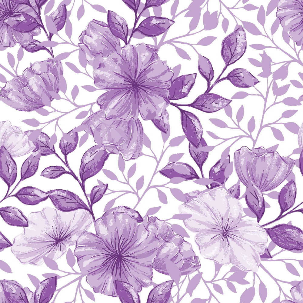 purple, lavender, lilac, floral pattern, watercolor flowers, botanical design, leaves, branches, seamless repeat, quilting cotton, fabric panel, spring flowers, soft pastels, monochromatic, feminine, delicate blooms, nature motif, crafting fabric, sewing material